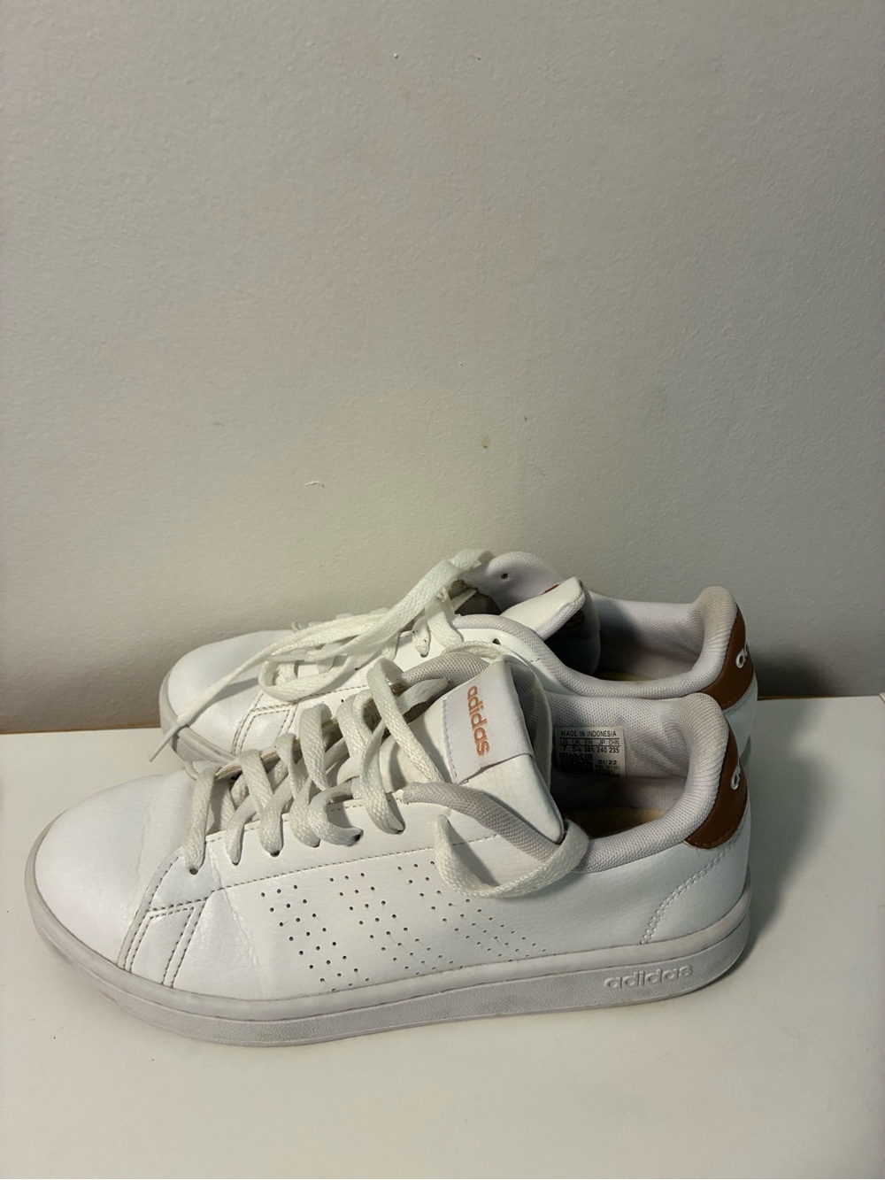 adidas White Leather Sneakers with Gold Heel Accent